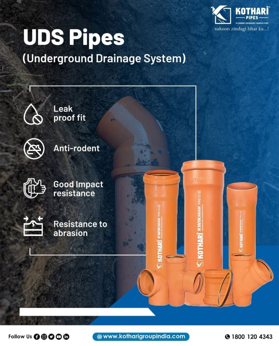 Kothari UDS underground drainage pipes, leak proof, anti rodent, impact resistant