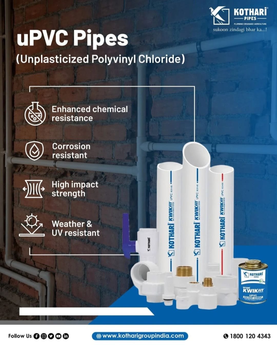 Kothari UPVC pipes, chemical, corrosion, impact and UV resistant