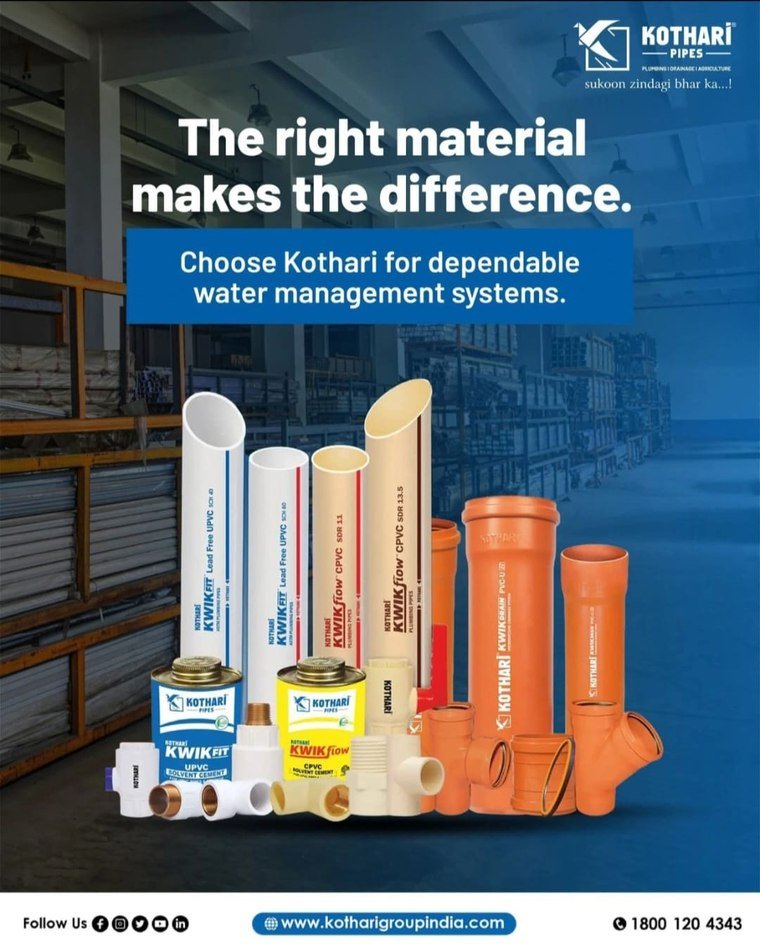 Kothari CPVC KwikFlow, UPVC KwikFit and Foamcore KwikDrain SWR pipes displayed together at the JAD warehouse. The right material makes the difference