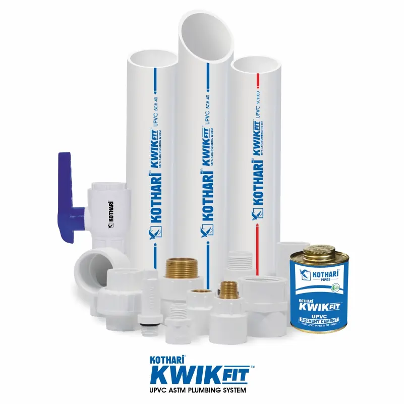 Kothari KwikFit UPVC pipes, fittings and solvent cement, full system group shot
